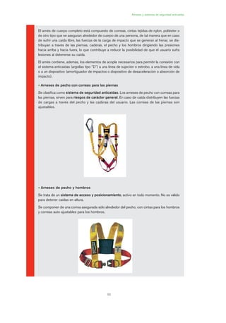 63
Arneses y sistemas de seguridad anticaídas
El arnés de cuerpo completo está compuesto de correas, cintas tejidas de nylon, poliéster o
de otro tipo que se aseguran alrededor de cuerpo de una persona, de tal manera que en caso
de sufrir una caída libre, las fuerzas de la carga de impacto que se generan al frenar, se dis-
tribuyan a través de las piernas, caderas, el pecho y los hombros dirigiendo las presiones
hacia arriba y hacia fuera, lo que contribuye a reducir la posibilidad de que el usuario sufra
lesiones al detenerse su caída.
El arnés contiene, además, los elementos de acople necesarios para permitir la conexión con
el sistema anticaídas (argollas tipo "D'') a una línea de sujeción o estrobo, a una línea de vida
o a un dispositivo (amortiguador de impactos o dispositivo de desaceleración o absorción de
impacto).
• Arneses de pecho con correas para las piernas
Se clasifica como sistema de seguridad anticaídas. Los arneses de pecho con correas para
las piernas, sirven para riesgos de carácter general. En caso de caída distribuyen las fuerzas
de cargas a través del pecho y las caderas del usuario. Las correas de las piernas son
ajustables.
• Arneses de pecho y hombros
Se trata de un sistema de acceso y posicionamiento, activo en todo momento. No es válido
para detener caídas en altura.
Se componen de una correa asegurada sólo alrededor del pecho, con cintas para los hombros
y correas auto ajustables para los hombros.
03 Ficha arneses y sistemas de seguridad anti.qxp 07/01/2010 11:29 PÆgina 63
 