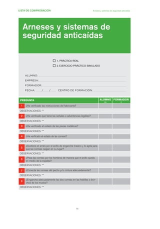 75
LISTA DE COMPROBACIÓN Arneses y sistemas de seguridad anticaídas
Arneses y sistemas de
seguridad anticaídas
1. PRÁCTICA REAL
2. EJERCICIO PRÁCTICO SIMULADO
ALUMNO:
EMPRESA:
FORMADOR:
FECHA: / / CENTRO DE FORMACIÓN:
PREGUNTA ALUMNO
**
FORMADOR
*
11 ¿Ha verificado las instrucciones del fabricante?
OBSERVACIONES: ***
22 ¿Ha verificado que tiene las señales o advertencias legibles?
OBSERVACIONES: ***
33 ¿Ha verificado el estado de las piezas metálicas?
OBSERVACIONES: ***
44 ¿Ha verificado el estado de las correas?
OBSERVACIONES: ***
55
¿Sostiene el arnés por el anillo de enganche trasero y lo agita para
que las correas caigan en su lugar?
OBSERVACIONES: ***
66
¿Pasa las correas por los hombros de manera que el anillo queda
en medio de la espalda?
OBSERVACIONES: ***
77 ¿Conecta las correas del pecho y/o cintura adecuadamente?
OBSERVACIONES: ***
88
¿Engancha adecuadamente las dos correas en las hebillas o bro-
ches de los muslos?
OBSERVACIONES: ***
03 Ficha arneses y sistemas de seguridad anti.qxp 07/01/2010 11:31 PÆgina 75
 
