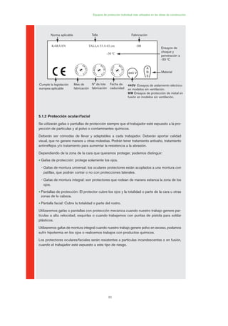 83
Equipos de protección individual más utilizados en las obras de construcción
5.1.2 Protección ocular/facial
Se utilizarán gafas o pantallas de protección siempre que el trabajador esté expuesto a la pro-
yección de partículas y al polvo o contaminantes químicos.
Deberán ser cómodas de llevar y adaptables a cada trabajador. Deberán aportar calidad
visual, que no genere mareos u otras molestias. Podrán tener tratamiento antivaho, tratamiento
antirreflejos y/o tratamiento para aumentar la resistencia a la abrasión.
Dependiendo de la zona de la cara que queramos proteger, podemos distinguir:
• Gafas de protección: protege solamente los ojos.
- Gafas de montura universal: los oculares protectores están acoplados a una montura con
patillas, que podrán contar o no con protecciones laterales.
- Gafas de montura integral: son protectores que rodean de manera estanca la zona de los
ojos.
• Pantallas de protección: El protector cubre los ojos y la totalidad o parte de la cara u otras
zonas de la cabeza.
• Pantalla facial: Cubre la totalidad o parte del rostro.
Utilizaremos gafas o pantallas con protección mecánica cuando nuestro trabajo genere par-
tículas a alta velocidad, esquirlas o cuando trabajemos con puntas de pistola para soldar
plásticos.
Utilizaremos gafas de montura integral cuando nuestro trabajo genere polvo en exceso, podamos
sufrir hipotermia en los ojos o realicemos trabajos con productos químicos.
Los protectores oculares/faciales serán resistentes a partículas incandescentes o en fusión,
cuando el trabajador esté expuesto a este tipo de riesgo.
Cumple la legislación
europea aplicable
Mes de
fabricación
Nº de lote
fabricación
Fecha de
caducidad
KARA EN
Norma aplicable
TALLA 53 A 63 cm
Talla
-30 0
C
Material
OB
Fabricación
Ensayos de
choque y
penetración a
-30 0
C
440V- Ensayos de aislamiento eléctrico
en modelos sin ventilación.
MM Ensayos de protección de metal en
fusión en modelos sin ventilación.
440 V
A
B
S
04 Ficha equipos de propteccion indiv..qxp 07/01/2010 11:42 PÆgina 83
 