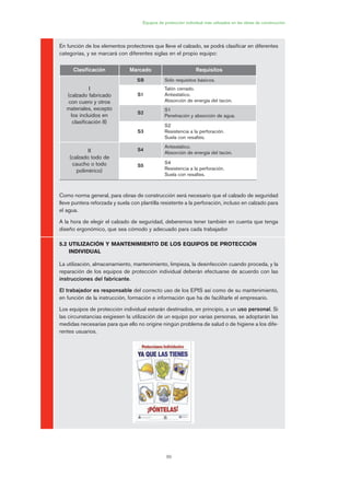 6
89
Equipos de protección individual más utilizados en las obras de construcción
En función de los elementos protectores que lleve el calzado, se podrá clasificar en diferentes
categorías, y se marcará con diferentes siglas en el propio equipo:
Como norma general, para obras de construcción será necesario que el calzado de seguridad
lleve puntera reforzada y suela con plantilla resistente a la perforación, incluso en calzado para
el agua.
A la hora de elegir el calzado de seguridad, deberemos tener también en cuenta que tenga
diseño ergonómico, que sea cómodo y adecuado para cada trabajador
5.2 UTILIZACIÓN Y MANTENIMIENTO DE LOS EQUIPOS DE PROTECCIÓN
INDIVIDUAL
La utilización, almacenamiento, mantenimiento, limpieza, la desinfección cuando proceda, y la
reparación de los equipos de protección individual deberán efectuarse de acuerdo con las
instrucciones del fabricante.
El trabajador es responsable del correcto uso de los EPIS así como de su mantenimiento,
en función de la instrucción, formación e información que ha de facilitarle el empresario.
Los equipos de protección individual estarán destinados, en principio, a un uso personal. Si
las circunstancias exigiesen la utilización de un equipo por varias personas, se adoptarán las
medidas necesarias para que ello no origine ningún problema de salud o de higiene a los dife-
rentes usuarios.
Clasificación Marcado Requisitos
I
(calzado fabricado
con cuero y otros
materiales, excepto
los incluidos en
clasificación II)
SB Sólo requisitos básicos.
S1
Talón cerrado.
Antiestático.
Absorción de energía del tacón.
S2
S1
Penetración y absorción de agua.
S3
S2
Resistencia a la perforación.
Suela con resaltes.
II
(calzado todo de
caucho o todo
polimérico)
S4
Antiestático.
Absorción de energía del tacón.
S5
S4
Resistencia a la perforación.
Suela con resaltes.
04 Ficha equipos de propteccion indiv..qxp 07/01/2010 11:42 PÆgina 89
 