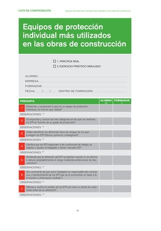 95
LISTA DE COMPROBACIÓN Equipos de protección individual más utilizados en las obras de construcción
Equipos de protección
individual más utilizados
en las obras de construcción
1. PRÁCTICA REAL
2. EJERCICIO PRÁCTICO SIMULADO
ALUMNO:
EMPRESA:
FORMADOR:
FECHA: / / CENTRO DE FORMACIÓN:
PREGUNTA ALUMNO
**
FORMADOR
*
11
¿Entiende y comprende lo que es un equipo de protección
individual y la función que realiza?
OBSERVACIONES: ***
22
¿Comprende y conoce las tres categorías en las que se clasifican
los EPI en función de su grado de protección?
OBSERVACIONES: ***
33
¿Sabe identificar los diferentes tipos de riesgos de los que
protegen los EPI (físicos, químicos y biológicos)?
OBSERVACIONES: ***
44
¿Verifica que los EPI responden a las condiciones de trabajo, se
adaptan y ajustan al trabajador y tienen marcado CE?
OBSERVACIONES: ***
55
¿Entiende que la utilización del EPI se plantea cuando no se elimina
o reduce aceptablemente el riesgo mediante protecciones de tipo
colectivo?
OBSERVACIONES: ***
66
¿Es consciente de que como trabajador es responsable del correcto
uso y mantenimiento de los EPI que se le suministran en base a la
formación e información recibida ?
OBSERVACIONES: ***
77
¿Revisa y verifica el estado de los EPI así como su fecha de cadu-
cidad antes de su utilización?
OBSERVACIONES: ***
04 Ficha equipos de propteccion indiv..qxp 07/01/2010 11:44 PÆgina 95
 