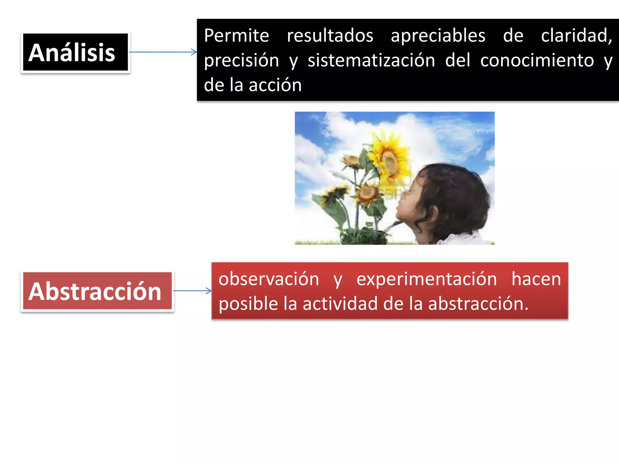 Análisis

Abstracción

Permite resultados apreciables de claridad,
precisión y sistematización del conocimiento y
de la acción

observación y experimentación hacen
posible la actividad de la abstracción.

 