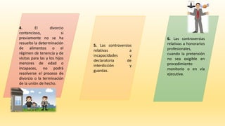 4. El divorcio
contencioso, si
previamente no se ha
resuelto la determinación
de alimentos o el
régimen de tenencia y de
visitas para las y los hijos
menores de edad o
incapaces, no podrá
resolverse el proceso de
divorcio o la terminación
de la unión de hecho.
5. Las controversias
relativas a
incapacidades y
declaratoria de
interdicción y
guardas.
6. Las controversias
relativas a honorarios
profesionales,
cuando la pretensión
no sea exigible en
procedimiento
monitorio o en vía
ejecutiva.
 