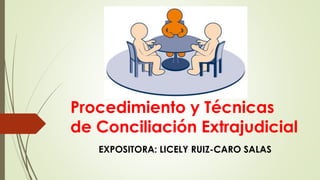 Procedimiento y Técnicas
de Conciliación Extrajudicial
EXPOSITORA: LICELY RUIZ-CARO SALAS
 