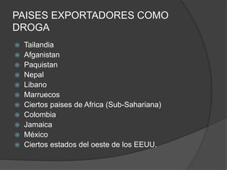 PAISES EXPORTADORES COMO
DROGA
 Tailandia
 Afganistan
 Paquistan
 Nepal
 Libano
 Marruecos
 Ciertos paises de Africa (Sub-Sahariana)
 Colombia
 Jamaica
 México
 Ciertos estados del oeste de los EEUU.
 