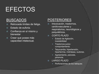 EFECTOS
BUSCADOS
 Retrocede límites de fatiga.
 Estado de euforia.
 Confianza en sí mismo y
bienestar
 Creer que posee más
capacidad intelectual.
POSTERIORES
 Intoxicación, trastornos,
cardiovasculares y
respiratorios, neurológicos y
psiquiátricos.
 CORTO PLAZO
 Estado de Agitación,
inestabilidad
 Trastornos juicio-
comportamiento
 Taquicardia, hipertensión,
hipertermia, midriásea, sudores.
 Agotamiento, psicosis,
paranoia.
 LARGO PLAZO
 Perforaciones de los tabiques
 