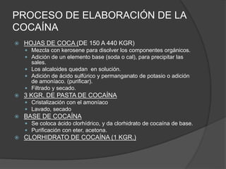 PROCESO DE ELABORACIÓN DE LA
COCAÍNA
 HOJAS DE COCA (DE 150 A 440 KGR)
 Mezcla con kerosene para disolver los componentes orgánicos.
 Adición de un elemento base (soda o cal), para precipitar las
sales.
 Los alcaloides quedan en solución.
 Adición de ácido sulfúrico y permanganato de potasio o adición
de amoníaco. (purificar).
 Filtrado y secado.
 3 KGR. DE PASTA DE COCAÍNA
 Cristalización con el amoníaco
 Lavado, secado
 BASE DE COCAÍNA
 Se coloca ácido clorhídrico, y da clorhidrato de cocaína de base.
 Purificación con eter, acetona.
 CLORHIDRATO DE COCAÍNA (1 KGR.)
 