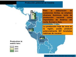 ONUDD (2005). Informe Mundial sobre las drogas
Producción potencial de Cocaína
La producción hoja de coca en
la región, puede producir
potencialmente 687 toneladas
métricas de cocaína.
Para la elaboración de
sustancias ilícitas, se emplean
diversos Quimicos, tanto de
producción nacional como
importados de América del
norte, Europa y Asia.
 