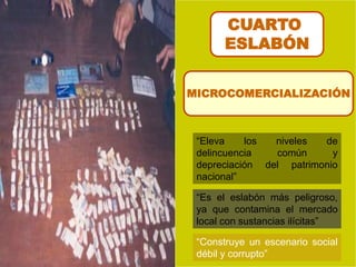 MICROCOMERCIALIZACIÓN
“Es el eslabón más peligroso,
ya que contamina el mercado
local con sustancias ilícitas”
“Construye un escenario social
débil y corrupto”
“Eleva los niveles de
delincuencia común y
depreciación del patrimonio
nacional”
CUARTO
ESLABÓN
 