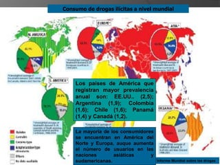 MINISTERIO PÚBLICO
Peru
Consumo de drogas ilícitas a nivel mundial
ONUDD (2005). Informe Mundial sobre las drogas
Los países de América que
registran mayor prevalencia
anual son: EE.UU.. (2,5);
Argentina (1,9); Colombia
(1,6); Chile (1,6); Panamá
(1,4) y Canadá (1,2).
La mayoría de los consumidores
se encuentran en América del
Norte y Europa, auque aumenta
el número de usuarios en las
naciones asiáticas y
sudamericanas.
 
