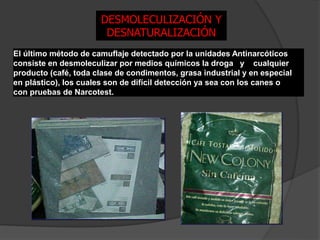 DESMOLECULIZACIÓN Y
DESNATURALIZACIÓN
El último método de camuflaje detectado por la unidades Antinarcóticos
consiste en desmoleculizar por medios químicos la droga y cualquier
producto (café, toda clase de condimentos, grasa industrial y en especial
en plástico), los cuales son de difícil detección ya sea con los canes o
con pruebas de Narcotest.
 