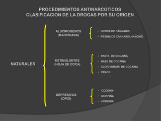 PROCEDIMIENTOS ANTINARCOTICOS
CLASIFICACION DE LA DROGAS POR SU ORIGEN
NATURALES
ALUCINOGENOS
(MARIHUANA)
• HIERVA DE CANNABIS
• RESINA DE CANNABIS, (HACHIZ)
ESTIMULANTES
(HOJA DE COCA)
• PASTA DE COCAINA
• BASE DE COCAINA
• CLORHIDRATO DE COCAINA
• CRACK
DEPRESIVOS
(OPIO)
• CODEINA
• MORFINA
• HEROINA
 