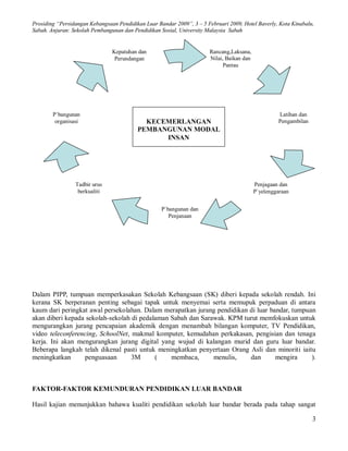 Prosiding “Persidangan Kebangsaan Pendidikan Luar Bandar 2009”, 3 – 5 Februari 2009, Hotel Baverly, Kota Kinabalu,
Sabah. Anjuran: Sekolah Pembangunan dan Pendidikan Sosial, University Malaysia Sabah


                                Kepatuhan dan                          Rancang,Laksana,
                                 Perundangan                           Nilai, Baikan dan
                                                                             Pantau




        P`bangunan                                                                                   Latihan dan
         organisasi                         KECEMERLANGAN                                            Pengambilan
                                          PEMBANGUNAN MODAL
                                                INSAN




                 Tadbir urus                                                               Penjagaan dan
                  berkualiti                                                               P`yelenggaraan


                                                    P`bangunan dan
                                                       Penjanaan




Dalam PIPP, tumpuan memperkasakan Sekolah Kebangsaan (SK) diberi kepada sekolah rendah. Ini
kerana SK berperanan penting sebagai tapak untuk menyemai serta memupuk perpaduan di antara
kaum dari peringkat awal persekolahan. Dalam merapatkan jurang pendidikan di luar bandar, tumpuan
akan diberi kepada sekolah-sekolah di pedalaman Sabah dan Sarawak. KPM turut memfokuskan untuk
mengurangkan jurang pencapaian akademik dengan menambah bilangan komputer, TV Pendidikan,
video teleconferencing, SchoolNet, makmal komputer, kemudahan perkakasan, pengisian dan tenaga
kerja. Ini akan mengurangkan jurang digital yang wujud di kalangan murid dan guru luar bandar.
Beberapa langkah telah dikenal pasti untuk meningkatkan penyertaan Orang Asli dan minoriti iaitu
meningkatkan      penguasaan       3M      (    membaca,      menulis,    dan       mengira     ).



FAKTOR-FAKTOR KEMUNDURAN PENDIDIKAN LUAR BANDAR

Hasil kajian menunjukkan bahawa kualiti pendidikan sekolah luar bandar berada pada tahap sangat

                                                                                                                   3
 