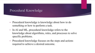 Procedural Knowledge
• Procedural knowledge is knowledge about how to do
something or how to perform a task.
• In AI and ML, procedural knowledge refers to the
knowledge about algorithms, rules, and processes to solve
specific problems.
• Procedural knowledge focuses on the steps and actions
required to achieve a desired outcome.
 