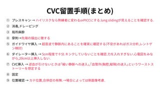 CVC留置⼿順(まとめ)
① プレスキャン → ハイリスクなら熟練者に変わるorPICCにする.lung slidingが⾒えることを確認する.
② 消毒,ドレーピング
③ 局所⿇酔
④ 穿刺→先端の描出に徹する
⑤ ガイドワイヤ挿⼊ → 超⾳波で静脈内にあることを確実に確認する(不安があればガス分析,レントゲ
ン検討)
⑥ ダイレーター挿⼊ → 5cm程度で⼗分.キンクしていないことを確認.⼒を⼊れすぎない.⼼電図をみな
がら,20cm以上挿⼊しない.
⑦ CVC挿⼊ → 逆⾎が引けないときは｢細い静脈への迷⼊｣,｢⾎管外(胸腔,縦隔)の迷⼊｣というワーストス
トーリーを想定する
⑧ 固定
⑨ 位置確認 → カテ位置,合併症の有無.→場合によっては側⾯像考慮.
 