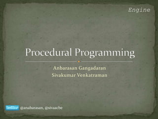 Engine




                 Anbarasan Gangadaran
                Sivakumar Venkatraman




@anabarasan, @sivaacbe
 