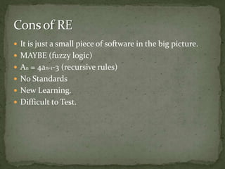  It is just a small piece of software in the big picture.
 MAYBE (fuzzy logic)
 An = 4an-1-3 (recursive rules)
 No Standards
 New Learning.
 Difficult to Test.
 