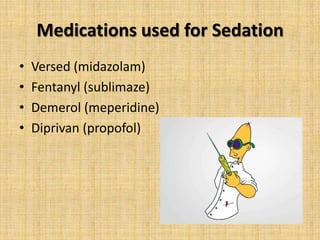 Medications used for Sedation
•
•
•
•

Versed (midazolam)
Fentanyl (sublimaze)
Demerol (meperidine)
Diprivan (propofol)

 