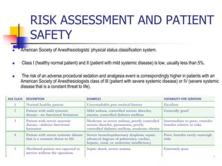RISK ASSESSMENT AND PATIENT
SAFETY
 American Society of Anesthesiologists’ physical status classification system.
 Class I (healthy normal patient) and II (patient with mild systemic disease) is low, usually less than 5%.
 The risk of an adverse procedural sedation and analgesia event is correspondingly higher in patients with an
American Society of Anesthesiologists class of III (patient with severe systemic disease) or IV (severe systemic
disease that is a constant threat to life).
 