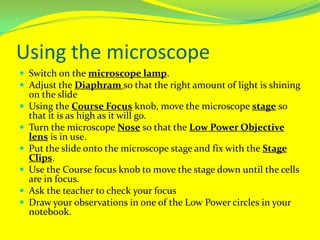 Using the microscopeSwitch on the microscope lamp.Adjust the Diaphramso that the right amount of light is shining on the slideUsing the Course Focus knob, move the microscope stage so that it is as high as it will go.Turn the microscope Nose so that the Low Power Objective lens is in use.Put the slide onto the microscope stage and fix with the Stage Clips.Use the Course focus knob to move the stage down until the cells are in focus.Ask the teacher to check your focusDraw your observations in one of the Low Power circles in your notebook.