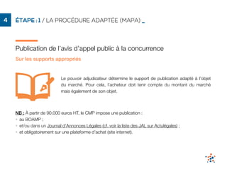 ÉTAPE : 1 / LA PROCÉDURE ADAPTÉE (MAPA) _4
Publication de l’avis d’appel public à la concurrence
Le pouvoir adjudicateur détermine le support de publication adapté à l’objet
du marché. Pour cela, l’acheteur doit tenir compte du montant du marché
mais également de son objet.
NB : À partir de 90.000 euros HT, le CMP impose une publication :
• au BOAMP ;
• et/ou dans un Journal d’Annonces Légales (cf. voir la liste des JAL sur Actulégales) ;
• et obligatoirement sur une plateforme d’achat (site internet).
Sur les supports appropriés
 