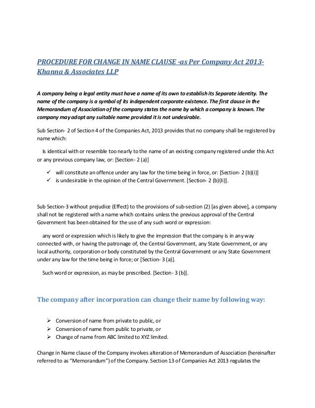 Procedure For Change In Name Clause As Per Company Act 2013 Khanna
