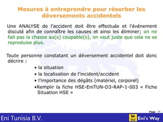 Eni Tunisia B.V.
Page 13
Mesures à entreprendre pour résorber les
déversements accidentels
Une ANALYSE de l'accident doit être effectuée et l'événement
discuté afin de connaître les causes et ainsi les éliminer; on ne
fait pas la chasse au(x) coupable(s), on veut juste que cela ne se
reproduise plus.
Toute personne constatant un déversement accidentel doit donc
décrire :
• la situation
• la localisation de l'incident/accident
• l’importance des dégâts (matériel, corporel)
•Remplir la fiche HSE-EniTUN-D3-RAP-1-003 « Fiche
Situation HSE »
 