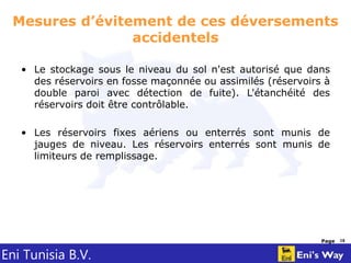 Eni Tunisia B.V.
Page 18
Mesures d’évitement de ces déversements
accidentels
• Le stockage sous le niveau du sol n'est autorisé que dans
des réservoirs en fosse maçonnée ou assimilés (réservoirs à
double paroi avec détection de fuite). L'étanchéité des
réservoirs doit être contrôlable.
• Les réservoirs fixes aériens ou enterrés sont munis de
jauges de niveau. Les réservoirs enterrés sont munis de
limiteurs de remplissage.
 