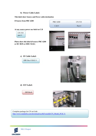 MLU Project
b) Power Cable Label:
This label show Source and Power cable destination
If Source from PBC 6200
At any source power use label on C.B
Photo show this label (if source PBC 6200
or DC BOX or DDU SIAE)
c) IF Cable Label:
d) ICF Label:
PBC 6200 CN 510
C.B # Port #
DIR Site # RAU #
CN 510
port #
DIR Site #
Complete package for CN on Link:
http://www.mediafire.com/download/oco4k5vnsetljlt/CN_Model_PCK.7z
 