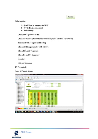 MLU Project
At facing site:
1) Send Sign in message to 5011
2) Write Risk assessment
3) Site survey:
Check MMU position at TN
Check TN release (should be R4, if another please tells Site Supervisor)
Take needed P.S, report and Backup
Check old Link parameter with old SF6
Check RSL and Tx power
Check Rx and Tx frequency
Inventory
Link performance
TN P.s needed:
General P.s and Alarm
Jumper
 