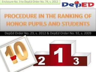 Enclosure No. 3 to DepEd Order No. 74, s. 2012




  DepEd Order No. 23, s. 2012 & DepEd Order No. 92, s. 2009
 