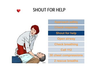 SHOUT FOR HELP
Approach safely
Check response
Shout for help
Open airway
Check breathing
Call 112
30 chest compressions
2 rescue breaths
 