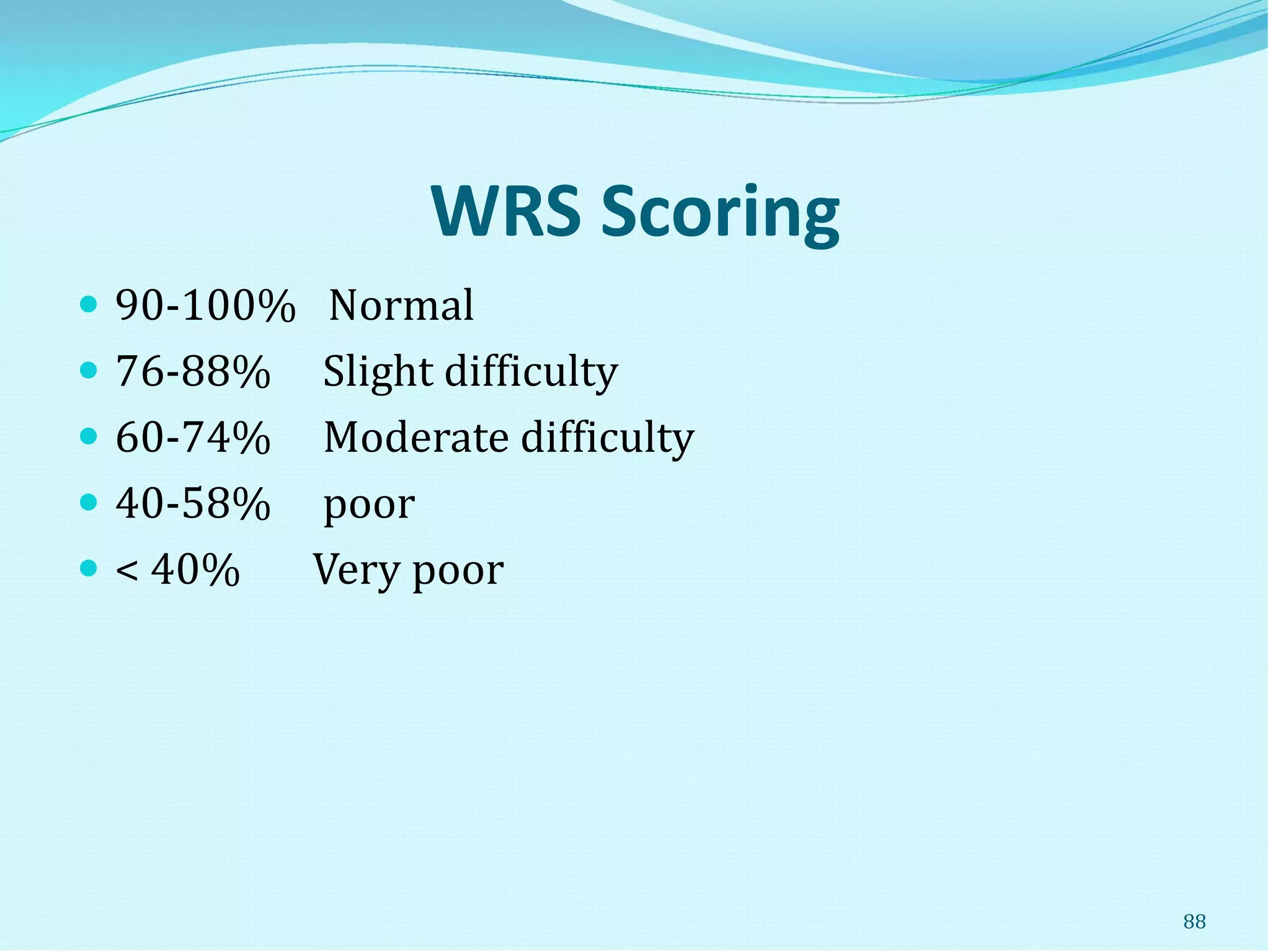 WRS Scoring
 90-100% Normal
 76-88% Slight difficulty
 60-74% Moderate difficulty
 40-58% poor
 < 40% Very poor
88
 