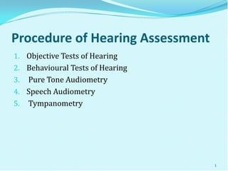 Procedure of Hearing Assessment
1. Objective Tests of Hearing
2. Behavioural Tests of Hearing
3. Pure Tone Audiometry
4. Speech Audiometry
5. Tympanometry
1
 