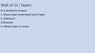 Wall of GI / layers
Gi is formed by 4 layers
1. Mucus layer (innermost) have 3 layer
2. Submucus
3.Muscular
4. Fibrous layer or serous
5
 