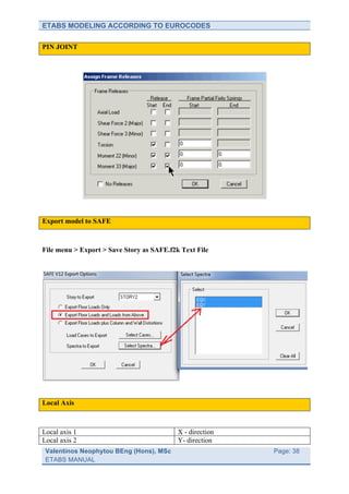 ETABS MODELING ACCORDING TO EUROCODES

PIN JOINT




Export model to SAFE



File menu > Export > Save Story as SAFE.f2k Text File




Local Axis



Local axis 1                               X - direction
Local axis 2                               Y- direction
 Valentinos Neophytou BEng (Hons), MSc                     	
     Page: 38
 ETABS MANUAL                                              	
  
 