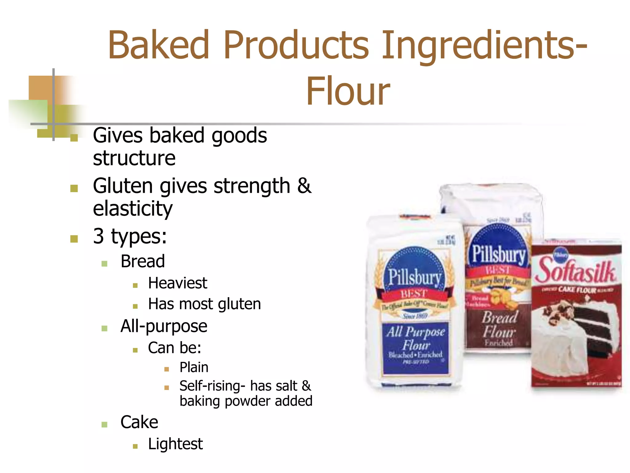 Baked Products Ingredients-
Flour
 Gives baked goods
structure
 Gluten gives strength &
elasticity
 3 types:
 Bread
 Heaviest
 Has most gluten
 All-purpose
 Can be:
 Plain
 Self-rising- has salt &
baking powder added
 Cake
 Lightest
 