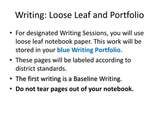 Writing: Loose Leaf and Portfolio 
• For designated Writing Sessions, you will use 
loose leaf notebook paper. This work will be 
stored in your blue Writing Portfolio. 
• These pages will be labeled according to 
district standards. 
• The first writing is a Baseline Writing. 
• Do not tear pages out of your notebook. 
 
