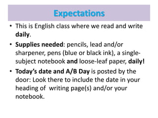 Expectations 
• This is English class where we read and write 
daily. 
• Supplies needed: pencils, lead and/or 
sharpener, pens (blue or black ink), a single-subject 
notebook and loose-leaf paper, daily! 
• Today’s date and A/B Day is posted by the 
door: Look there to include the date in your 
heading of writing page(s) and/or your 
notebook. 
 