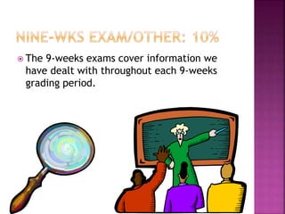  The 9-weeks exams cover information we 
have dealt with throughout each 9-weeks 
grading period. 
 