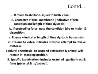 Contd…
ii. If much fresh blood- injury to birth canal.
iii. Character of fetal membrane (indicative of fetal
condition and length of time dystocia)
iv. If protruding fetus, note the condition (dry or moist) &
disposition.
v. Edema – indicates length of time dystocia has existed
vi. Trauma to vulva- indicates previous attempt to relieve
dystocia.
Epidural anesthesia- to suspend defecation & animal will
remain in standing position.
5. Specific Examination- includes exam. of genital tract &
fetus (p/rectal & p/vaginal).
 