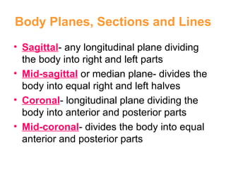 Body Planes, Sections and Lines Sagittal - any longitudinal plane dividing the body into right and left parts Mid-sagittal  or median plane- divides the body into equal right and left halves Coronal - longitudinal plane dividing the body into anterior and posterior parts Mid-coronal - divides the body into equal anterior and posterior parts 