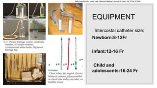 EQUIPMENT
◦ Intercostal catheter size:
Newborn:8-12Fr
Infant:12-16 Fr
Child and
adolescents:16-24 Fr
Safe insertion of a chest tube- National Medical Journal of India- Vol 22.No 4 2009
 