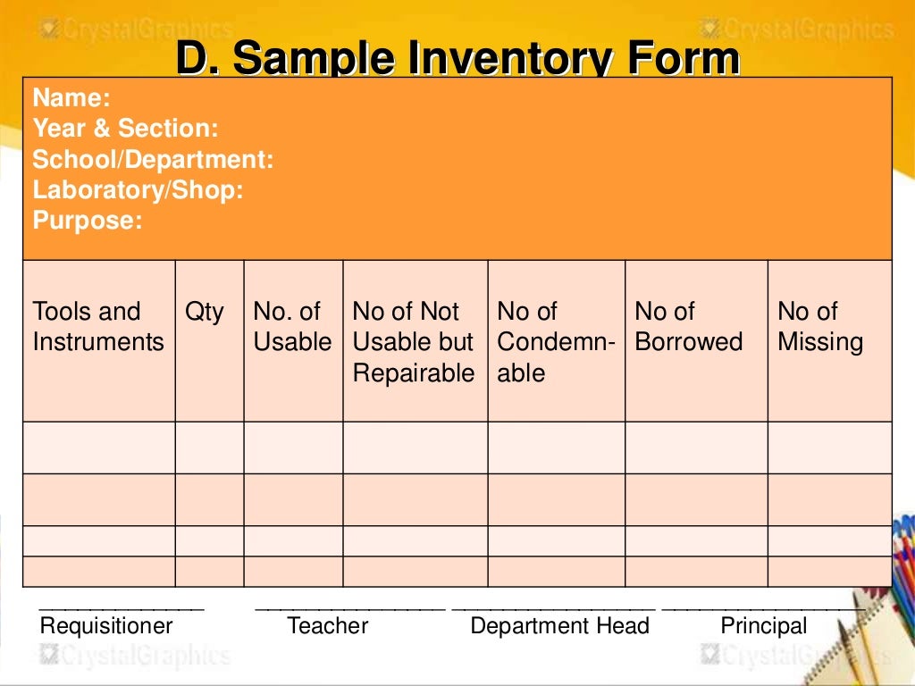 Procedures in receiving and storing tools and materials