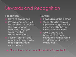 Recognition
 I love to give praise
 Positive comments will
be received throughout
the day for good
behavior, staying on
tasks, meeting
expectations, etc.
 Stickers, erasers, and
pencils will be given for
meeting classroom
expectations
Rewards
 Rewards must be earned
 Students will receive a
trip to the Magic Hat for
exceptional behavior
throughout the week
 Going above and
beyond classroom
expectations may result
in additional trips to the
Magic Hat
 Good behavior is not Asked it is Expected!
 