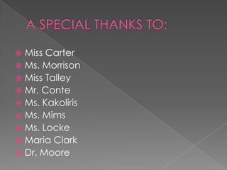  Miss Carter
 Ms. Morrison
 Miss Talley
 Mr. Conte
 Ms. Kakoliris
 Ms. Mims
 Ms. Locke
 Maria Clark
 Dr. Moore
 