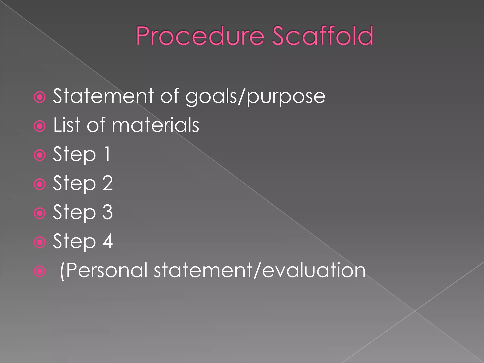Statement of goals/purpose
 List of materials
 Step 1
 Step 2
 Step 3
 Step 4
 (Personal statement/evaluation


 
