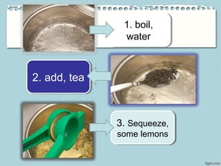 1. boil,
water
1. boil,
water
2. add, tea2. add, tea
3. Sequeeze,
some lemons
3. Sequeeze,
some lemons
 