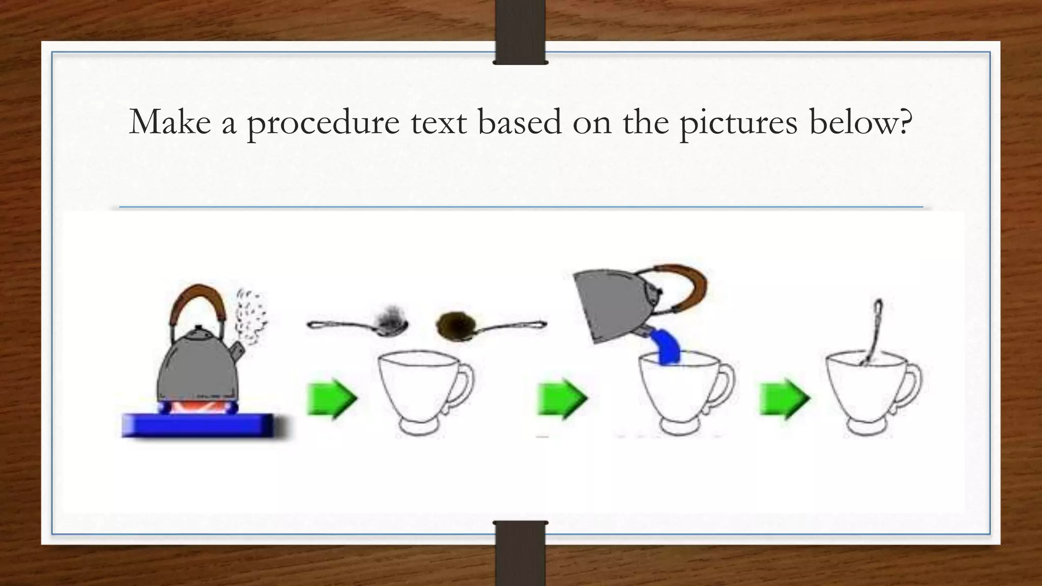 Make a procedure text based on the pictures below?