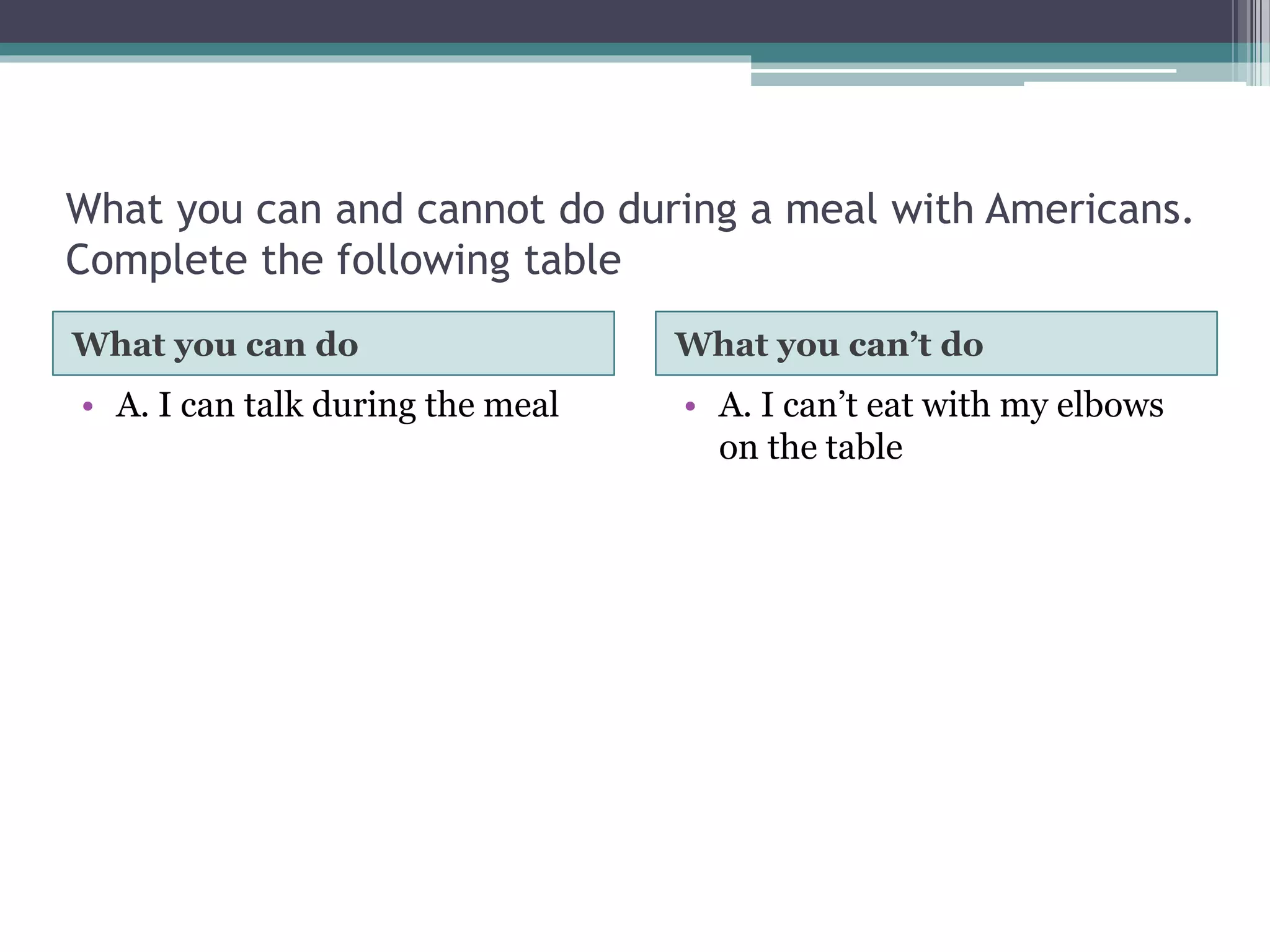 What you can and cannot do during a meal with Americans.
Complete the following table
What you can do What you can’t do
• A. I can talk during the meal • A. I can’t eat with my elbows
on the table
 